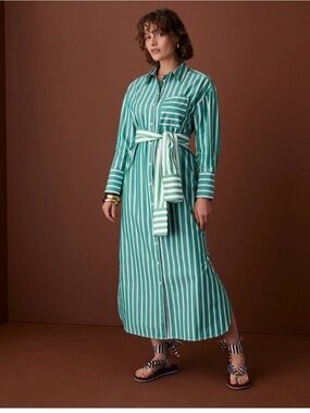 Rosie Assoulin Green and White Striped Long-Sleeve Shirt Dress